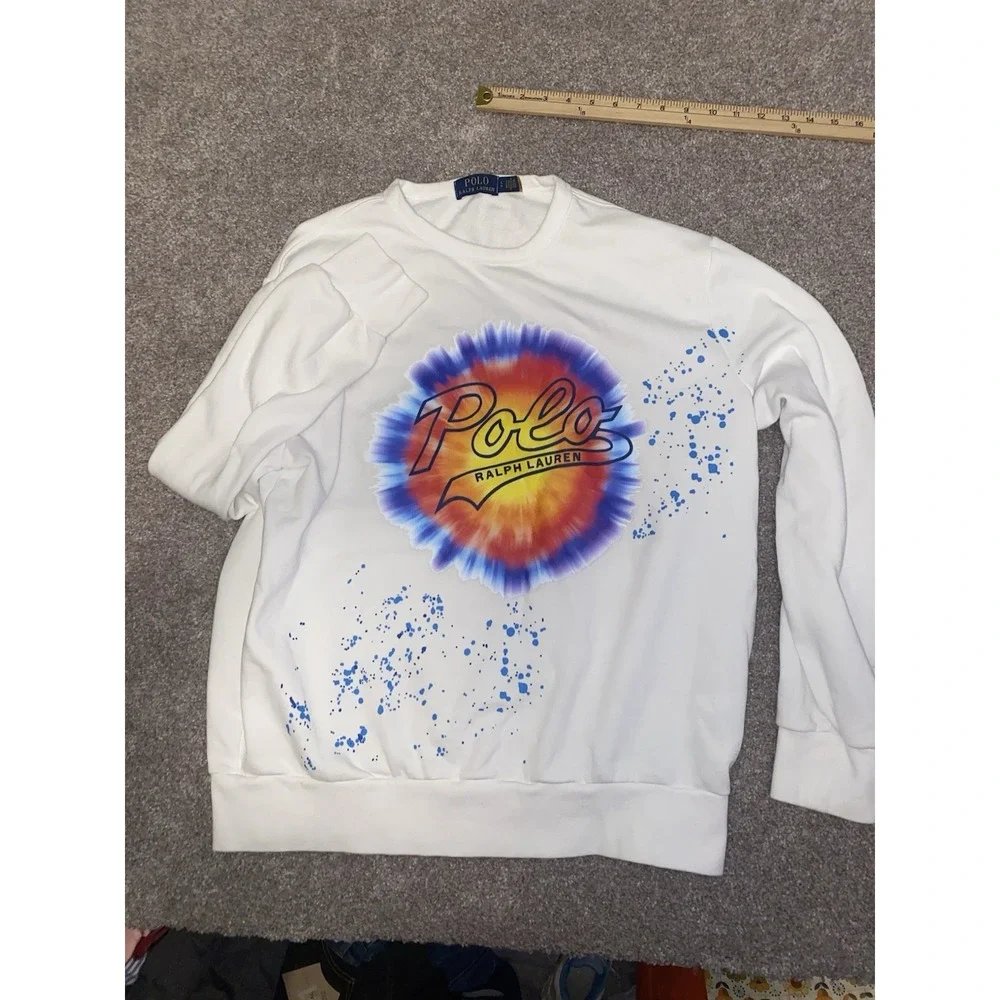 Polo Ralph Lauren Splatter Pattern Tie Dye Mens XL White Pullover Sweater Fleece